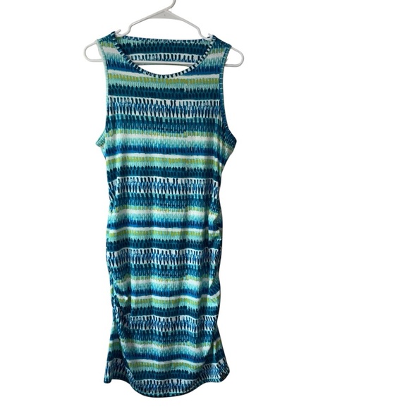 Title Nine Sleeveless Ruched Midi Dress Blue Green Print Size Large Sporty - Picture 1 of 6